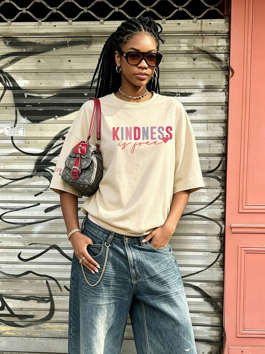 Nouveau T-shirt décontracté et mignon pour femmes, avec motif lâche, col rond et manches courtes. Top à la mode pour tous les jours, convient pour le port quotidien et les vacances d'été - Nude - Voir 1