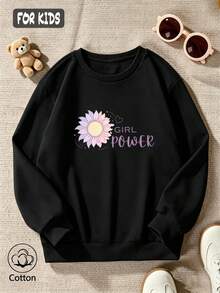 Girls' Black Crewneck Sweatshirt With Purple Floral Print And GIRL POWER Text - Black - View 4