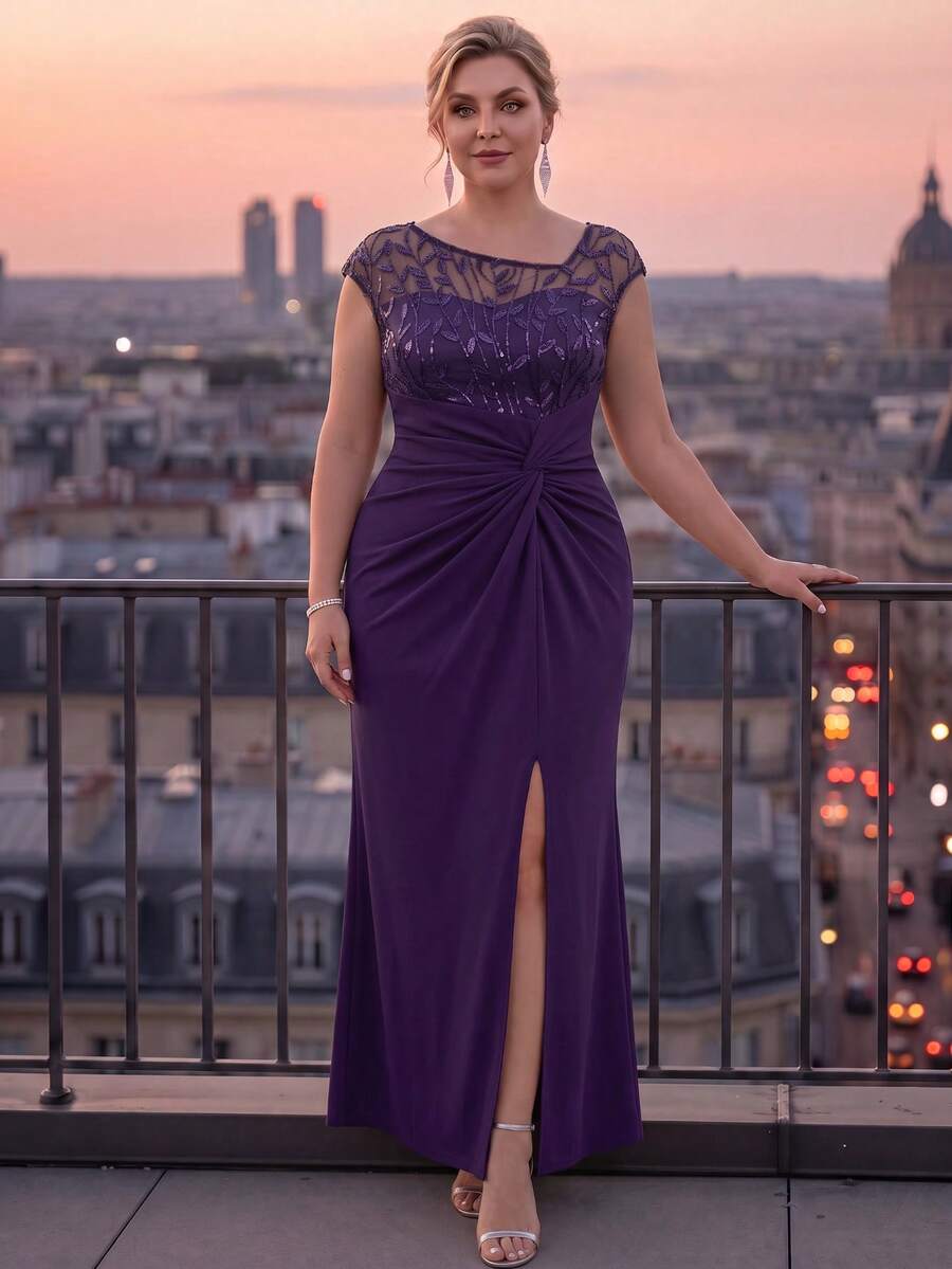 EVERPRETTY Sequin Elegant Floor Length Non-Bodycon Purple Dress Suitable For Wedding Guests - Purple - View 1
