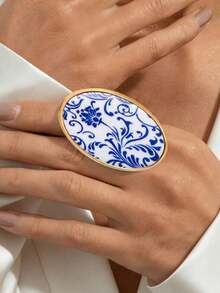 1pc Vintage Style Exaggerated Metal Inlaid Geometric Oval Ring, Suitable For Women's Daily Wear, Birthday Gift And Holiday Gift - Oval Ring - View 9