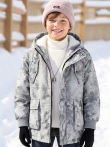Tween Boy Autumn/Winter Casual Outdoor College Thermal Lined Cargo Pocket Hooded Jacket - Grey - View 1