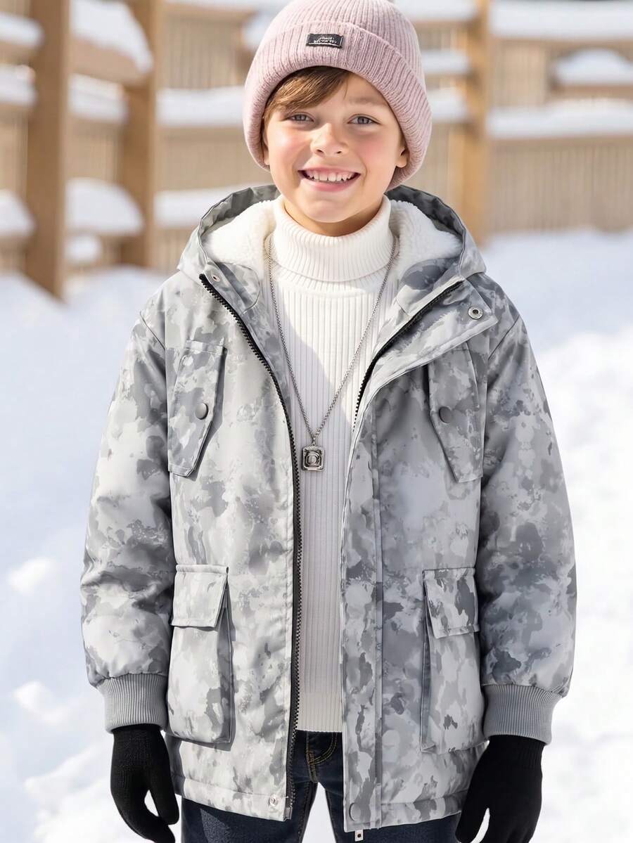 Tween Boy Autumn/Winter Casual Outdoor College Thermal Lined Cargo Pocket Hooded Jacket - Grey - View 1