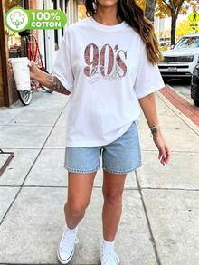 Women's Plus-Size 90s Retro Print T-Shirt – Casual Short-Sleeve Washed Top With Large Vintage Lettering – 100% Cotton – Suitable For All Seasons - White - View 10