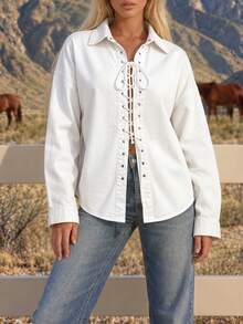 Women's White Denim Shacket, Drawstring Tie Collar, Long Sleeve Regular Fit, Non-Stretch, Creating A Fashionable Vintage Look - White - View 3