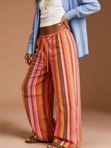 Women's Colorful Striped Drawstring Wide Leg Long Pants, Elastic Waist Loose Full Length Fit, Suitable For Casual Daily Wear - Multicolor - View 6