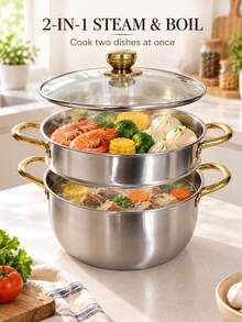 Panci Kukus Stainless Steel dengan Pegangan Ganda, Panci Kukus dan Masak Tebal dengan Tutup Kaca, Panci Sup Kapasitas Besar untuk Penggunaan di Rumah, Kompatibel dengan Kompor Gas dan Induksi, Peralatan Masak untuk Pesta Natal dan Halloween di Rumah - View 2