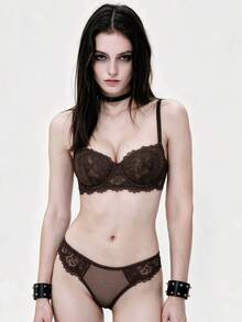 Lounge Court 1 Set Women's Solid Color Lace Comfortable Sexy Lingerie Set - Chocolate Brown - View 2
