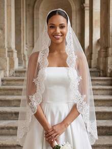 1 Pc Mantilla Wedding Veil Lace Applique With Sequins Fingertip Length Bridal Veil With Invisible Comb For Brides - Multicolor - View 4