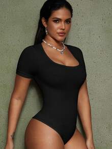 1pc Women's Solid Color Shaping Jumpsuit, Tummy Control, Waist Shaping Jumpsuit - Black - View 11