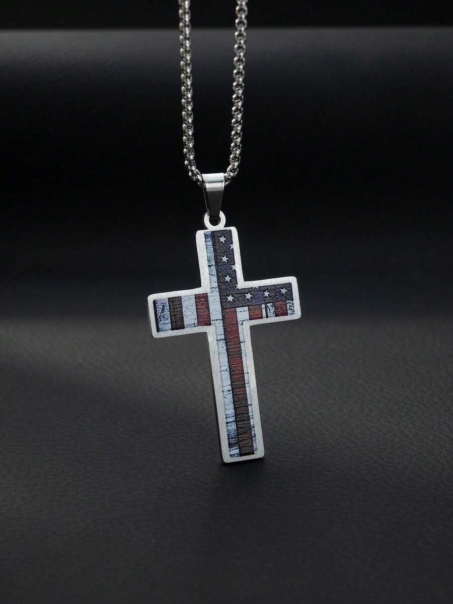 Street Stainless Steel Necklace With Retro Flag Print Geometric Pendant For Men Daily Street Wear - Silver - View 1