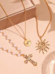 3pcs Fashionable Retro Hip-Hop Punk Unique Exquisite High-End Faux Pearl Cross & Sunflower Pendant Necklace Set, Men's Daily Wear Holiday Party Jewelry - Multicolor - View 5