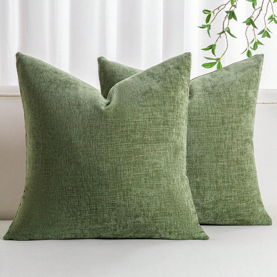 1pc Sage Green Textured Chenille 18X18 Inch Throw Pillow Cover, Solid Color Decorative Cushion Case, Suitable For Living Room Sofa, Farmhouse Modern Home Decor, Pillow Insert Not Included - Olive Green - View 1