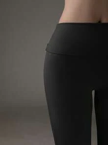 Y2K Fold-Over Waist Tummy Control Butt-Lifting Flare Pants, Black Slimming Long Pants For Autumn/Winter, Casual Versatile, Outdoor Fitness, Party Wear - Black - View 9