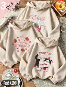 Autumn/Winter 3 Pieces Set Girls Fleece Hooded Sweatshirt Strawberry Cat Print Text Decoration Long Sleeve Soft Y2K Style - Apricot + Apricot + Apricot - View 1