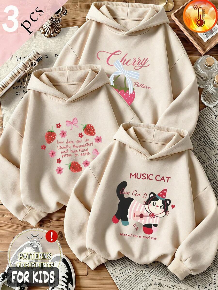 Autumn/Winter 3 Pieces Set Girls Fleece Hooded Sweatshirt Strawberry Cat Print Text Decoration Long Sleeve Soft Y2K Style - Apricot + Apricot + Apricot - View 1