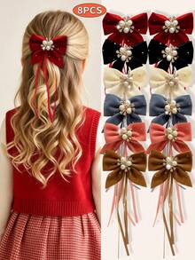 8pcs Cute Rhinestone Bow Ribbon Hair Clips For Girls, Princess Hair Accessories For Back Of Head And Side, Sweet Hair Clips For Daily Use - Red - View 2