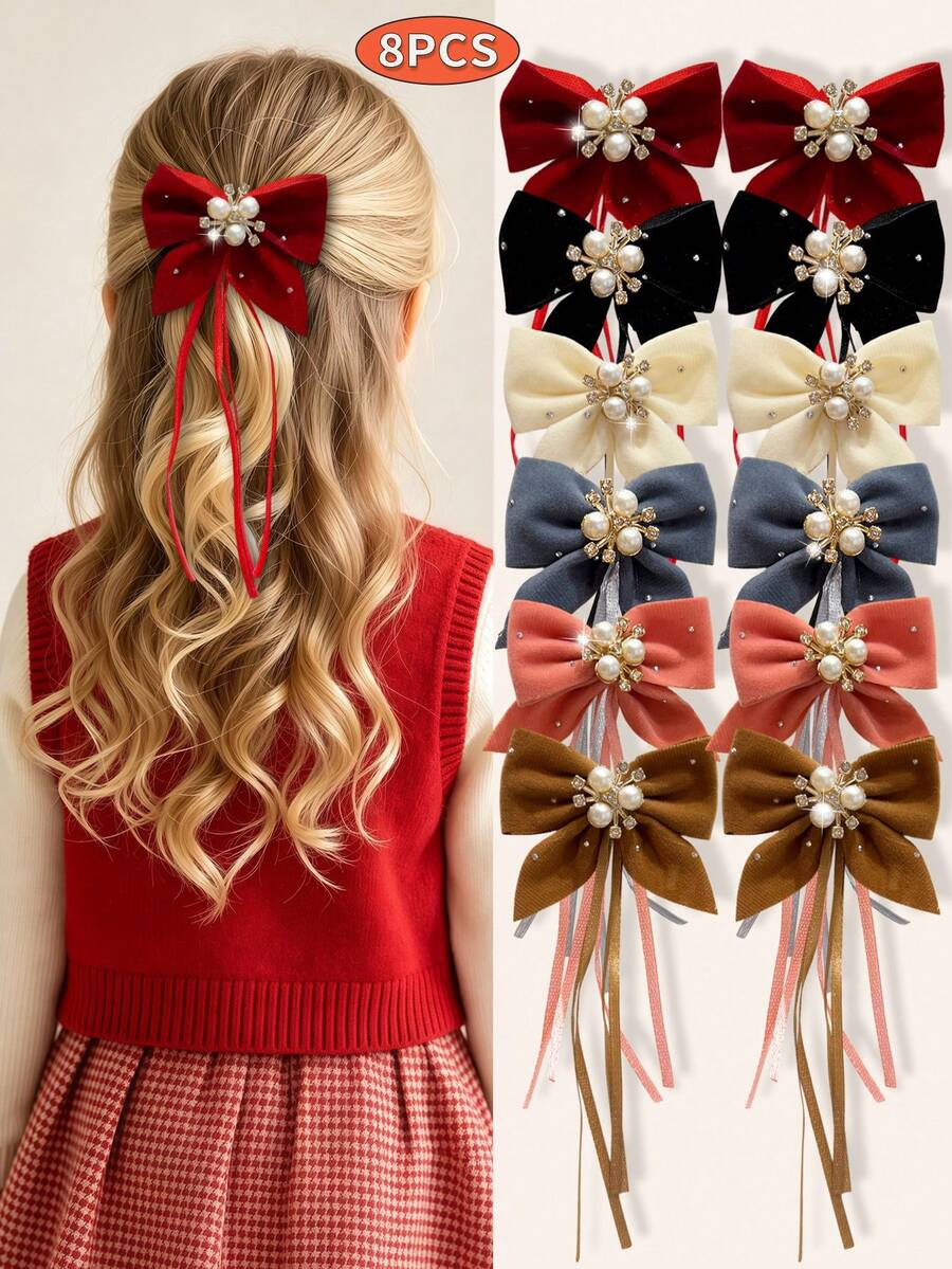 8pcs Cute Rhinestone Bow Ribbon Hair Clips For Girls, Princess Hair ...