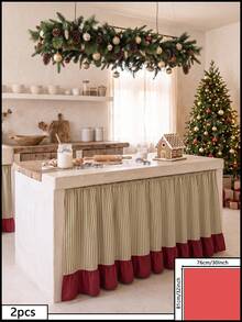 1pc Cream White With Green Stripes And Burgundy Patchwork Trim Kitchen Island Apron, Country Holiday Style Rectangular Top With Wood Grain Countertop And Burgundy Patchwork Skirt Bottom, Decorative Cover For Kitchen Island Cabinet, Suitable For Christmas Kitchen Decoration - Green - View 16