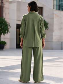 Plus Size Women's Casual Loose 2pcs Set, Long Sleeve Shirt With Drawstring Pleated Pants, Autumn/Winter Commute Daily Casual Outfit - Olive Green - View 3