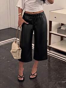 SCARLUX Women's Y2K Black Faux Leather Wide Leg Cropped Pants, Drawstring Elastic Waist, Suitable For Back To School Season Daily Streetwear - Black - View 3