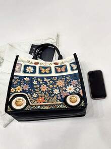 Vintage Floral Bus Pattern Tote Bag With Makeup Bag, Large Capacity Shopping Shoulder Handbag, Flat Print Storage Bag, Suitable For Travel, Commuting, Gifting - Multicolor - View 6