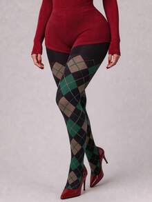 1 Pair Argyle Pattern Tights, Autumn/Winter Retro Green & Brown Diamond Check Elastic Full Foot Tights, Preppy Style - Multicolor - View 4