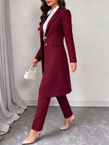 Women's Spring/Autumn Elegant Commute 2 Pieces Set, Long Waist-Cinching Vintage British Design Faux Pocket Button Detail Blazer Coat Paired With Simple Casual Straight-Leg Long Pants - Wine Red 18 - View 5