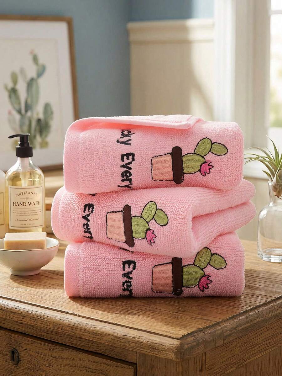 1/3 Pack 9.8*19.7 Inch 100% Pure Cotton Cactus Embroidered Hand Towel, Thick Skin-Friendly Soft Face Towel, High Absorbency, Suitable For Shower, Kitchen Hand Drying, Makeup Removal, School, Travel And Daily Home Use - Pink - View 1