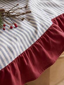 1pc Blue & White Striped Patchwork Red Bottom Edge Tablecloth, Country Vintage Style Rectangular With Red Ruffle Hem Decor, Protects And Beautifies Tabletop, Suitable For Christmas, Holiday And Winter Home Decor - Blue - View 8