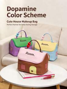 1pc Cute House Shaped Dopamine Color Makeup Bag, Large Capacity Cosmetic Storage Bag, Portable Travel Toiletry Bag With Beaded Handle, Can Hold Lipstick, Brushes, Suitable For Daily Use, Weekend Trips, Business Travel, Convenient To Carry Outdoor Cosmetic Storage Bag - Multicolor - View 7