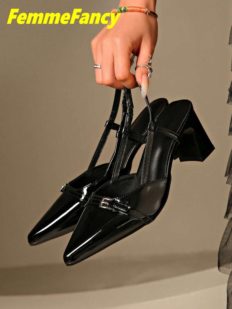 New Women's Spring/Autumn Solid Color Sexy Pointed Toe Chunky Heel Sandals, Back Slingback High Heels, Suitable For Commuting, Nightclub Parties, Versatile For Dresses