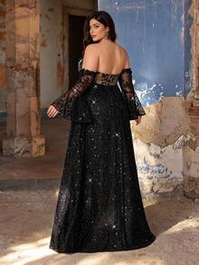 Gaun Maxi A-Line Elegan Ukuran Plus Musim Gugur/Dingin, Bahu Terbuka, Lengan Lonceng Transparan, Bordir Payet dan Renda Bunga 3D, Cocok untuk Pesta, Pernikahan, Pesta Dansa, Liburan - Hitam - View 3