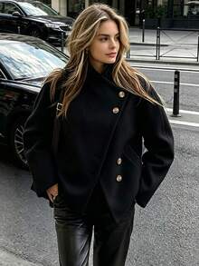 2026 Women's Wool Short Jacket, Funnel Neck Asymmetric Slant Design ...