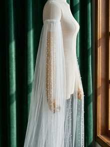 1 Pair White Beaded Bridal Long Sleeves, Detachable Elastic Cuffs, Wedding Party Dress Photo Accessory - White - View 7