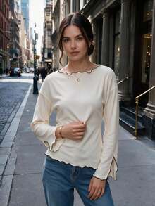 Women Lettuce Trim Neckline Top Contrast Binding Flare Sleeve Soft Ribbed Shirt For Fall Winter Daily Commuting Going Out Dating - Apricot - View 3