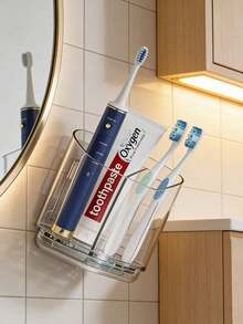 1pc Transparent Toothbrush Holder, Wall-Mounted Toothbrush Holder, Compartmentalized Wall-Mounted Storage Rack, Detachable Toothbrush Holder, Independent Plastic Bathroom Storage Rack, 3-Slot Toothpaste And Toothbrush Storage Rack, Drill-Free Bathroom Storage Box, Bathroom Storage Supplies, Used For Storing Combs, Toothbrushes, Toothpaste, Soap, Razors, Placing Common Cosmetics And Accessories, Home Bathroom Decor - Acrylic Frame - View 4
