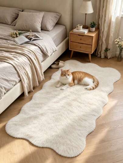 1 pieza Nueva alfombra decorativa de piel de conejo sintética con borde ondulado y forma asimétrica, fondo de silicona, textura suave, decoración de ambiente navideño, alfombra lavable con forma asimétrica para sala de estar, dormitorio, chimenea, lado de la cama, alfombra decorativa, decoración de dormitorio, alfombra pequeña, alfombra, decoración del hogar, alfombra de sala de estar, alfombra pequeña de sala de estar, alfombra de dormitorio, decoración del hogar de sala de estar, alfombra de exterior, alfombra lavable