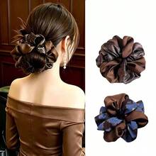 High Bun Large Satin Scrunchie For Women, Blue-Brown Floral Hair Tie, High Elasticity Hair Rope, Fat Hair Band - Multicolor - View 1