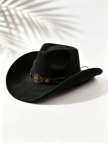 Vintage Suede Cowboy Hat, Unisex, Western Style Wide Brim Rider Hat, With Bronze Long Horn Buckle Strap, Adjustable Windproof Felt Cowboy Hat, Suitable For Horse Riding Festival, Beach Travel And Sun Protection - Suede Eye Gold Bull Head Hat - View 4