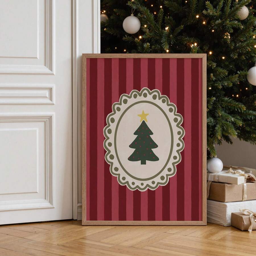1pc Frameless Red Christmas Tree Whimsical Playful Holiday Wall Art Canvas Poster Print Xmas Gift Decor For Bedroom Living Room Dorm Back To School - Frameless - View 1
