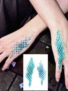 1 Sheet Teal Watercolor Fish Scale Temporary Tattoo, Mermaid Grid Pattern Fake Tattoo Stickers For Hand Wrist, Water Transfer Body Art Tattoo For Party Decor - Multicolor - View 1