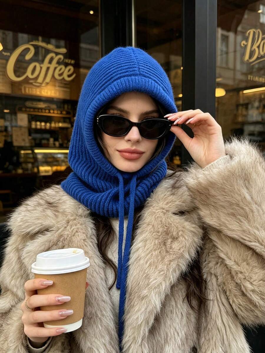 OBOVAY 1pc Women's Drawstring Faux Collar Balaclava Hat, Outdoor Ski Warm Knitted Face & Neck Protective Hooded Cape, Suitable For Winter Cold Protection, Random Color & Style Shipped, Christmas Gift