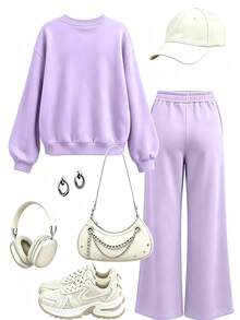 Set 2 pcs Sweatshirt Oversized Kerah Bulat dan Celana Lebar untuk Remaja Putri, Sweatshirt Lengan Panjang Kerah Bulat Bahu Jatuh Warna Polos + Celana Lebar Longgar, Cocok untuk Pakaian Sehari-hari Musim Gugur/Dingin - Mauve Purple - View 3