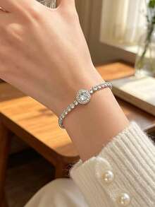 1pc Luxury Cubic Zirconia Geometric Copper Alloy Bracelet, Suitable For Women's Daily And Party Wear - Silver - View 4