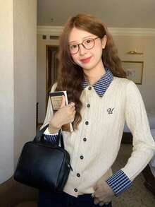 Plaid Polo Collar 2 In 1 Cable Knit Long Sleeve Cardigan Sweater Top For Women - Apricot - View 1