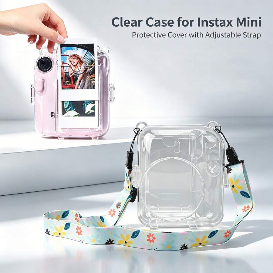 Crystal Clear Case + Adjustable Shoulder Strap + Cartoon Stickers For In-Stax Mini 12 Transparent Protective Cover, Anti-Drop Transparent Outer Shell With Photo Back Pocket, PVC Material Resistant To Yellowing And Abrasion, Camera Photography Accessories, Multiple Colors Available, Instant Camera Protective Case Set - Camera Not Included - View 1