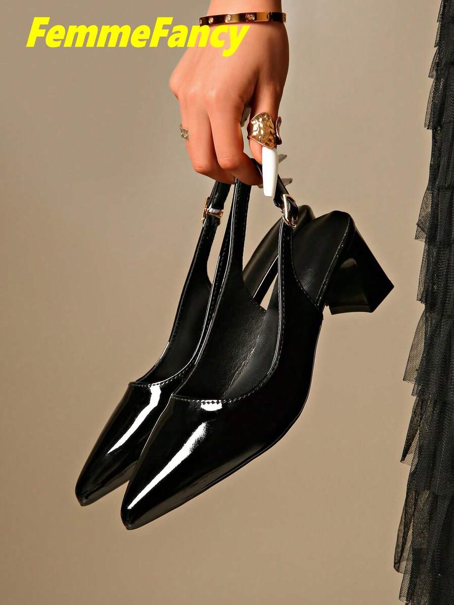 New Women's Spring/Autumn Solid Color Sexy Pointed Toe Chunky Heel Sandals, Back Strap High Heels, Suitable For Commuting, Nightclub Parties, Versatile For Dresses