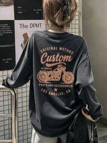 Women's Customized Motorcycle Print Washed Black Long Sleeve Pure Cotton T-Shirt, Vintage Grunge Style Crew Neck Top - Black - View 1
