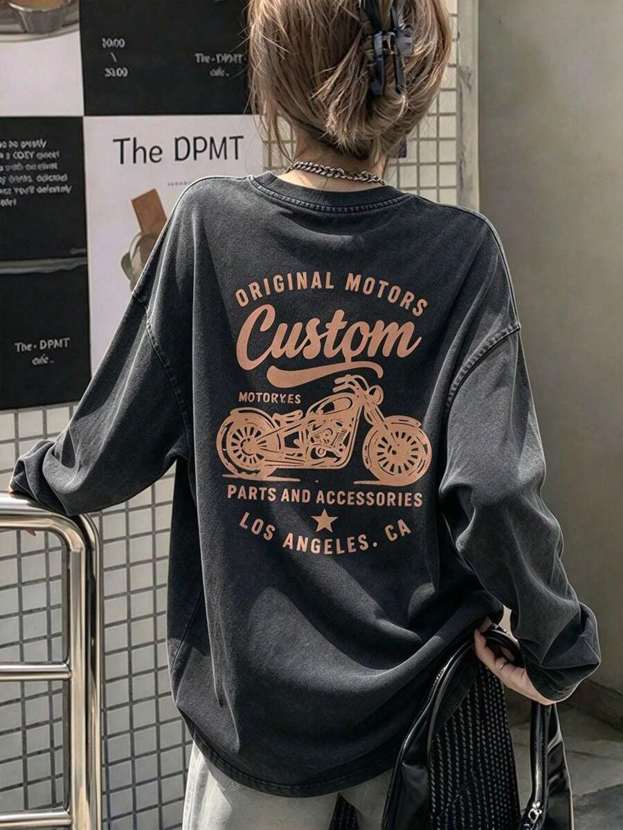 Women's Customized Motorcycle Print Washed Black Long Sleeve Pure Cotton T-Shirt, Vintage Grunge Style Crew Neck Top - Black - View 1