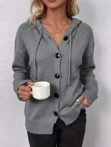 Women's Long Sleeve Single-Breasted Casual Solid Color Drawstring Hooded Cardigan Fall - Grey - View 4